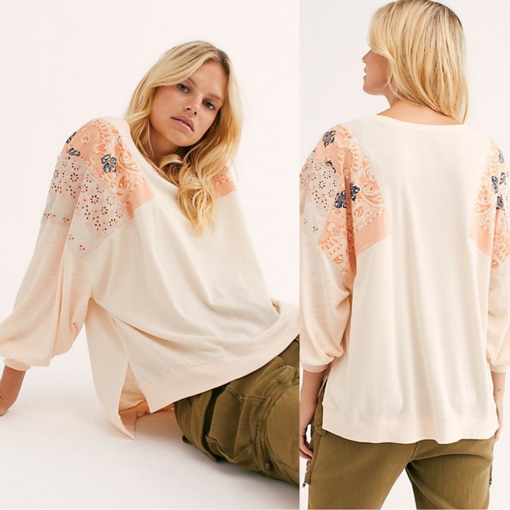 Free People We The Free Feelin It Cream and Pink Boxy Bandana Detail Boho Blouse